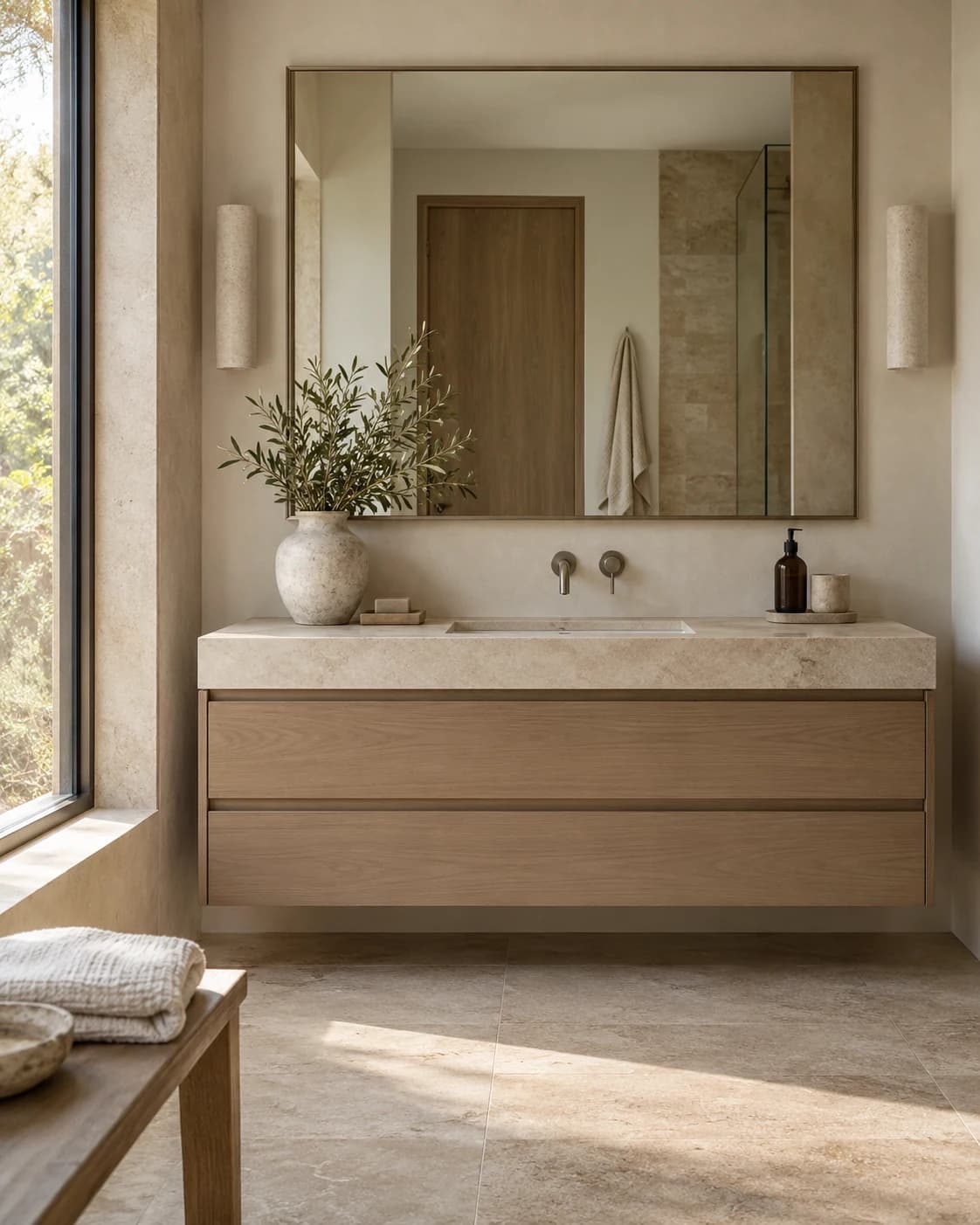 Traverten tonları ve taupe dolapla dengeli banyo